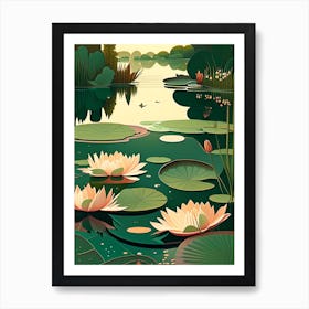Pond With Lily Pads Water Waterscape Retro Illustration 2 Art Print