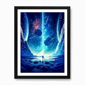 Lost in wonder, the astronaut gazes into the boundless blue galaxy, where planets and stars dance in endless cosmic harmony. Art Print