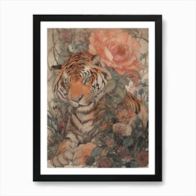 Tiger With Peonies Art Print