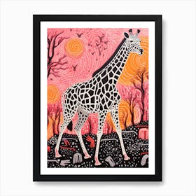 Giraffe Linocut Inspired Pink & Green Art Print