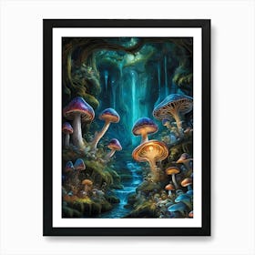 Neon Mushrooms In A Magical Forest (12) Art Print