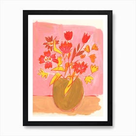 Vase Of Flowers Against A Pink Background Art Print