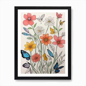 Beautiful Flowers And Butterflies Art Print