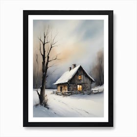 Rustic Winter Oil Painting Vintage Cottage (8) Art Print