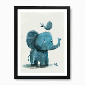 Small Joyful Elephant With A Bird On Its Head 15 Art Print