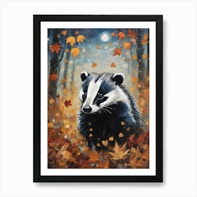Cottagecore Badger in Autumn - Acrylic Paint Fall Badger with Falling Leaves at Night, Full Moon Perfect for Witchcore Cottage Core Pagan Tarot Celestial Zodiac Gallery Feature Wall Beautiful Woodland Creatures Series HD Art Print
