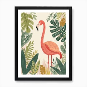 Andean Flamingo And Philodendrons Minimalist Illustration 3 Art Print