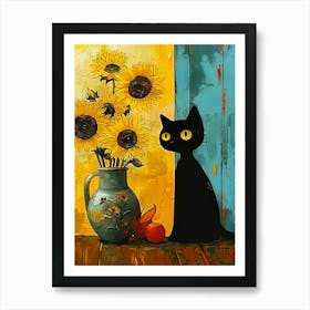 Black Cat With Sunflowers Art Print