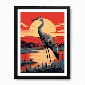 Vintage Bird Linocut Crane 1 Art Print