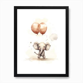 Baby Elephant Flying With Ballons, Watercolour Nursery Art 4 Art Print