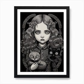 Wednesday Addams And A Cat Line Art Noveau 6 Fan Art Art Print