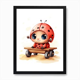 Baby Ladybug On A Toy Car, Watercolour Nursery 0 Art Print
