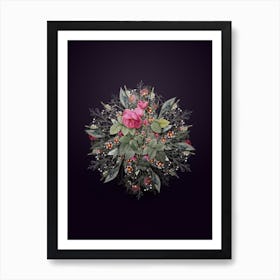 Vintage Pink Bourbon Roses Flower Wreath on Royal Purple n.0108 Art Print