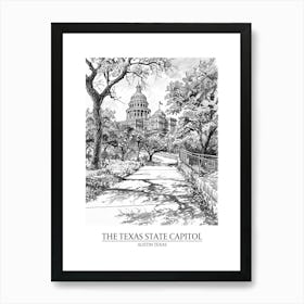 The Texas State Capitol Austin Texas Black And White Drawing 1 Poster Art Print