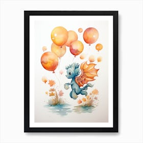 Seahorse Flying With Autumn Fall Pumpkins And Balloons Watercolour Nursery 4 Art Print