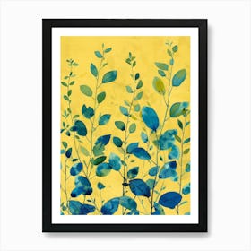 Blue Leaves On Yellow Background Art Print