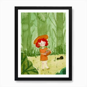 A Girl Picking Fruits in the Forest Nursery wall art, Woodland theme, Adventure theme, Nature wall art, Children's wall art, Printable Art 1 Art Print