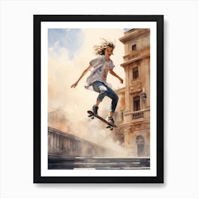 Girl Skateboarding In Rome, Italy Watercolour 1 Art Print