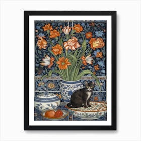 Lillies With A Cat 2 William Morris Style Art Print