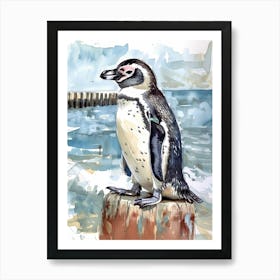 Humboldt Penguin Breakwater Watercolour Painting 1 Art Print