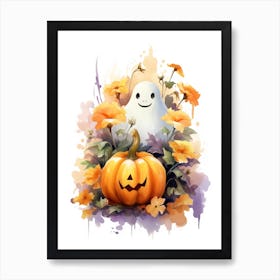 Cute Ghost With Pumpkins Halloween Watercolour 12 Art Print