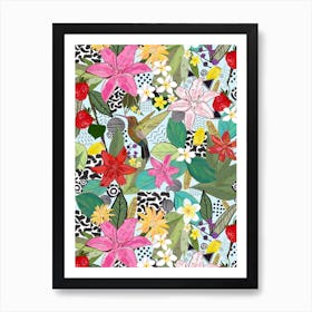 Tropical Pattern With Humming Bird, Strawberry And Colorful Lily Floral Pattern Art Print