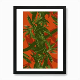 Green Leaves On A Red Background Art Print