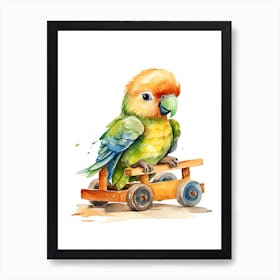 Baby Parrot On A Toy Car, Watercolour Nursery 1 Art Print