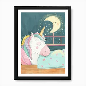 Pastel Storybook Style Unicorn Sleeping In A Duvet With The Moon 2 Art Print