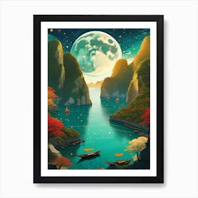 Ha Long Bay Vietnam - Moonlight In The Mountains - Trippy Abstract Cityscape Iconic Wall Decor Visionary Psychedelic Fractals Fantasy Art Cool Full Moon Third Eye Space Sci-fi Awesome Futuristic Ancient Paintings For Your Home Gift For Him Art Print