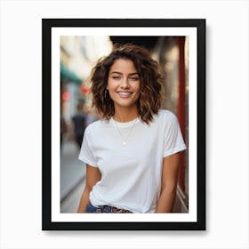 Confident Young Woman Smiling Posing In A Chic Stylish T Shirt Mid Shot Focus On Intricate Deta 2 Art Print