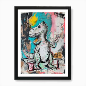 Abstract Dinosaur Eating Breakfast In A Cafe Pink Blue Purple 2 Art Print