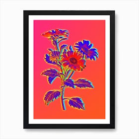 Neon Red Aster Flowers Botanical in Hot Pink and Electric Blue Art Print