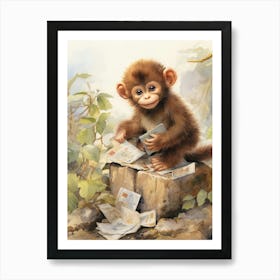 Monkey Painting Collecting Stamps Watercolour 1 Art Print