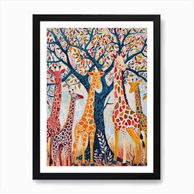 Cute Giraffe Herd Under The Trees Illustration 4 Art Print