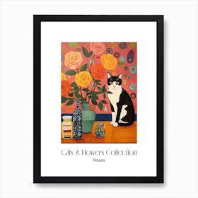 Cats & Flowers Collection Rose Flower Vase And A Cat, A Painting In The Style Of Matisse 10 Art Print