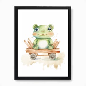 Baby Frog On Toy Car, Watercolour Nursery 3 Art Print