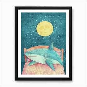 Pastel Blue Sleepy Shark With Moon Illustration 1 Art Print