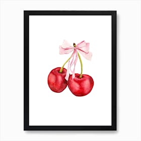 Coquette Cherries & Pink Bow - 2 - White Art Print