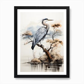 A Crane, Japanese Brush Painting, Ukiyo E, Minimal 4 Art Print