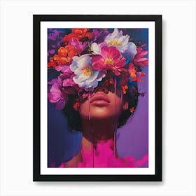 Portrait Woman Purple Pink Flowers Floral Painting Poster Art Print