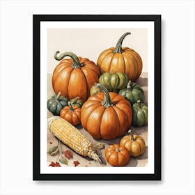 Holiday Illustration With Pumpkins, Corn, And Vegetables (12) Art Print