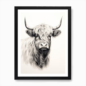 Black & White Ink Painting Of Highland Cow 8 Art Print