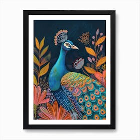 Folky Floral Peacock With The Leaves 2 Art Print