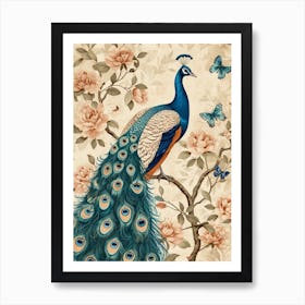 Peacock With Butterflies Vintage Wallpaper Style 1 Art Print