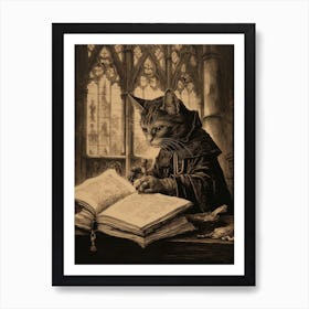 A Cat In A Church Reading A Text Art Print