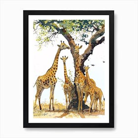 Giraffe Herd Under The Tree Watercolour 5 Art Print