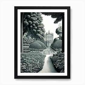 Gardens Of The Palace Of Versailles, France Linocut Black And White Vintage Art Print