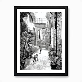 Drawing Of A Dog In Jardin Majorelle Garden, Morocco In The Style Of Black And White Colouring Pages Line Art 02 Art Print