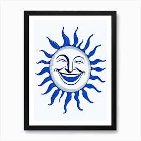 Laughing Sun Symbol Blue And White Line Drawing Art Print